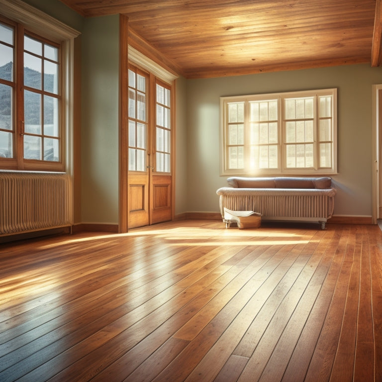 A serene, well-lit room with a partially renovated floor, showcasing a contrast between old, worn-out wooden planks and newly installed, polished hardwood flooring with a subtle sheen.