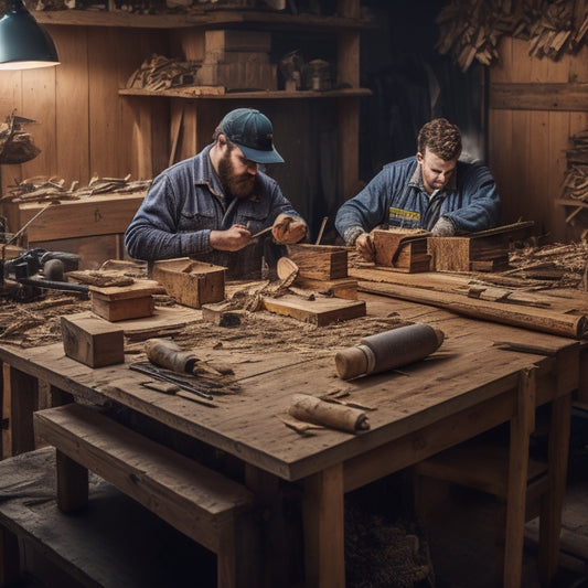 A well-organized workshop with three jointers of different sizes and styles on a wooden workbench, surrounded by scattered wood shavings, clamps, and DIY renovation tools.