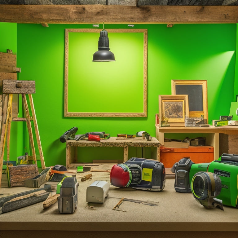A cluttered home renovation workspace with various tools and materials scattered around, a laser level projecting a bright green horizontal line on a wall, and a partially constructed wooden frame in the background.