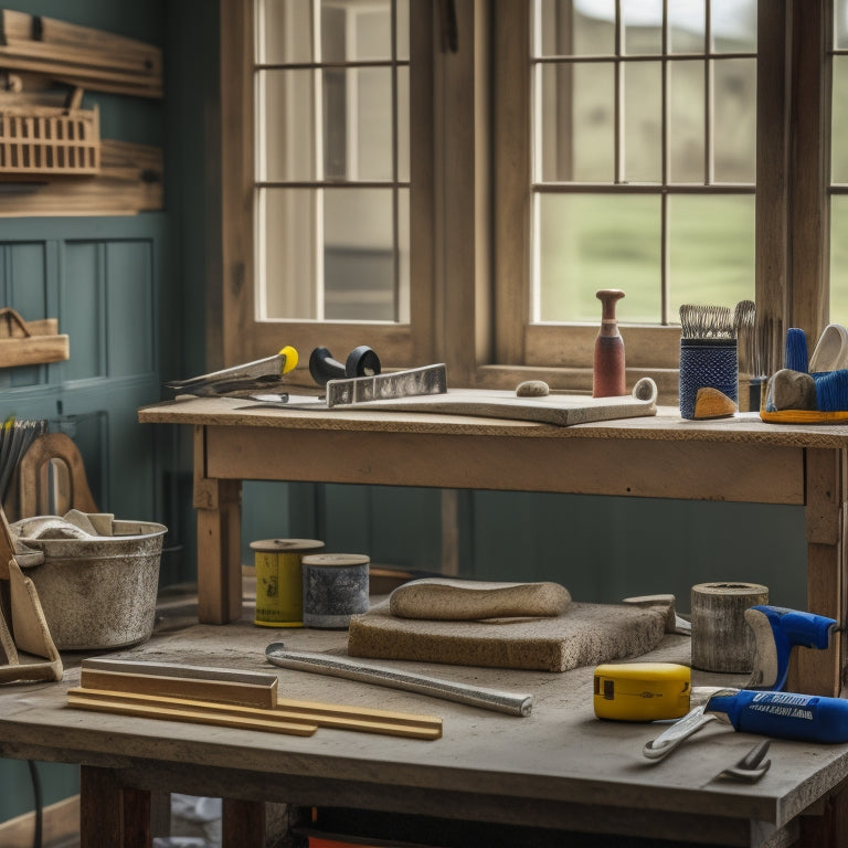 A photograph of a homeowner's workbench with a variety of renovation tools, including a hammer, tape measure, level, and paintbrushes, with a blurred background of a house's facade under renovation.