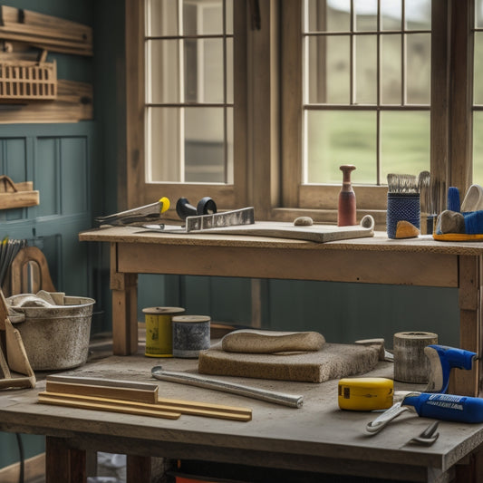 A photograph of a homeowner's workbench with a variety of renovation tools, including a hammer, tape measure, level, and paintbrushes, with a blurred background of a house's facade under renovation.