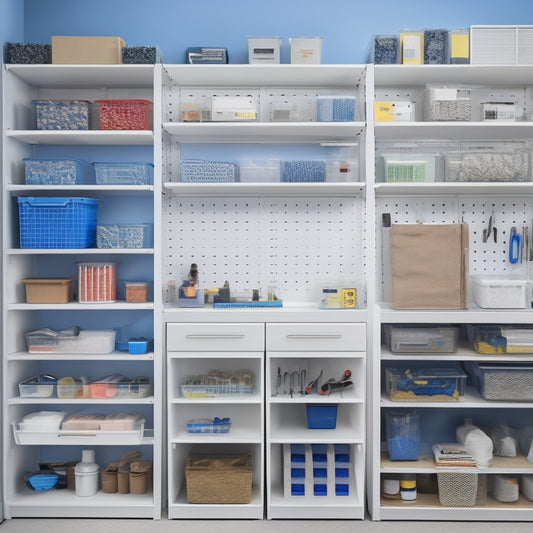 A clutter-free workshop with a wall-mounted pegboard, organized rows of transparent storage bins, and a compact rolling cabinet with drawers, surrounded by renovation tools and materials.