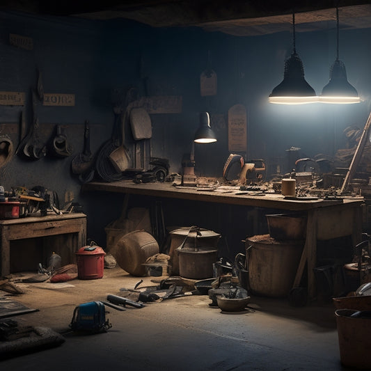 A cluttered, dimly lit workshop with a concrete backdrop, featuring a variety of tools and equipment scattered around, including drills, trowels, mixers, and safety gear, with a faint hint of concrete dust in the air.