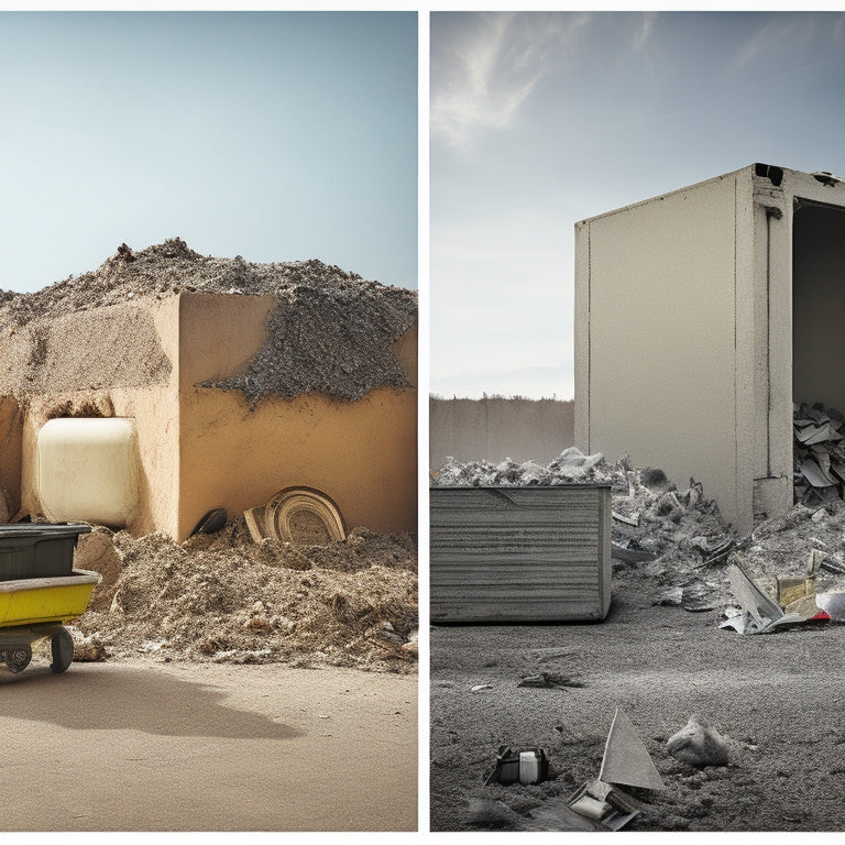 A split-screen image featuring a stucco renovation site with scattered debris and waste on one side, contrasted with a tidy, organized site on the other, showcasing a dumpster with a recycling symbol and a few neatly stacked materials.