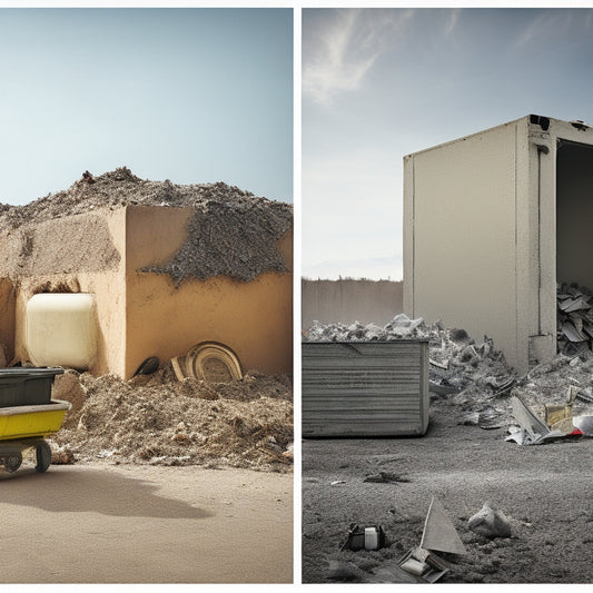 A split-screen image featuring a stucco renovation site with scattered debris and waste on one side, contrasted with a tidy, organized site on the other, showcasing a dumpster with a recycling symbol and a few neatly stacked materials.