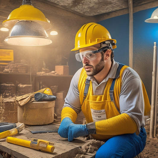 An image depicting a person wearing a yellow hard hat, safety goggles, and gloves, holding a hammer in a renovated room with exposed wiring, surrounded by warning signs and safety cones.