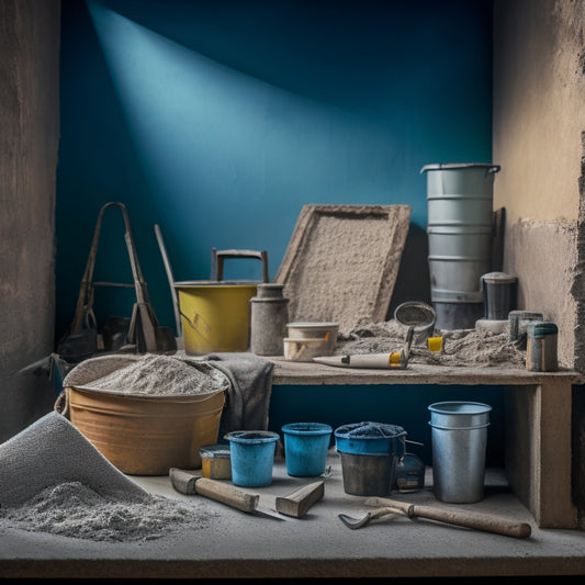 An image of a construction site with a backdrop of a partially demolished wall, featuring a variety of tools and materials, including a mixing bucket, trowel, wire mesh, and a sack of plaster powder.