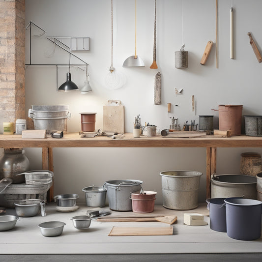 An organized workspace with various mixing buckets of different sizes and materials, surrounded by renovation tools and building materials, against a clean, light-gray background.