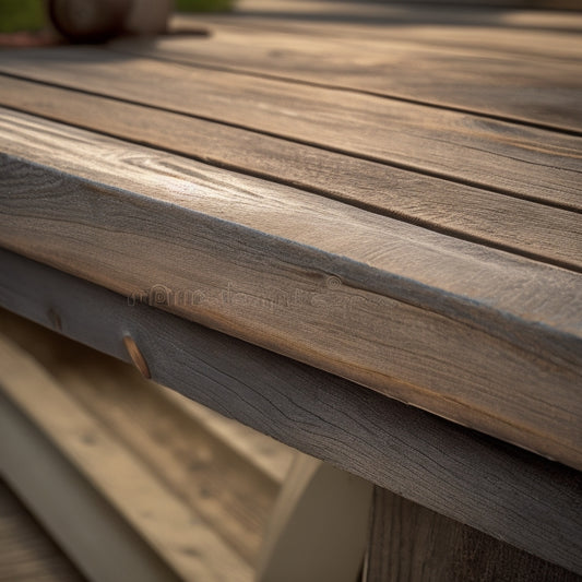 A close-up of a weathered wooden deck railing, with a few planks cracked and worn, next to a freshly sealed section, with a subtle sheen and a faint hint of Caulk gun in the corner.