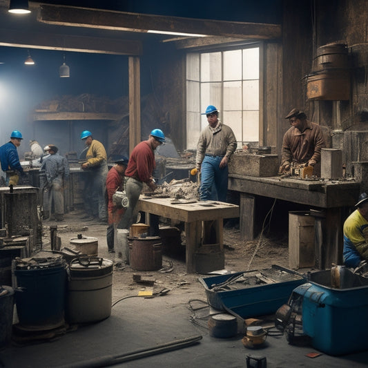 A cluttered renovation site with various bonding equipment, such as welders, sanders, and drills, scattered around, with a few workers in the background, surrounded by half-finished projects and tools.