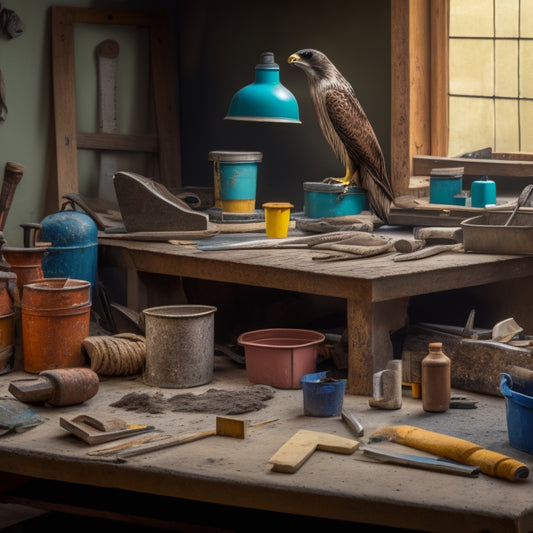 Image of a cluttered workshop table with various plastering tools, including a hawk, trowel, sanding block, joint knife, and bucket of mixed plaster, amidst renovation materials like drywall and ladders.