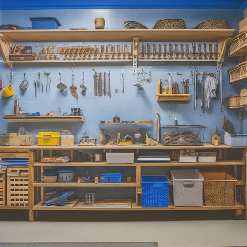 A well-organized workshop with a pegboard covered in hooks, bins, and baskets, surrounded by a workbench, toolbox, and shelves, with a faint background of a renovated room under construction.