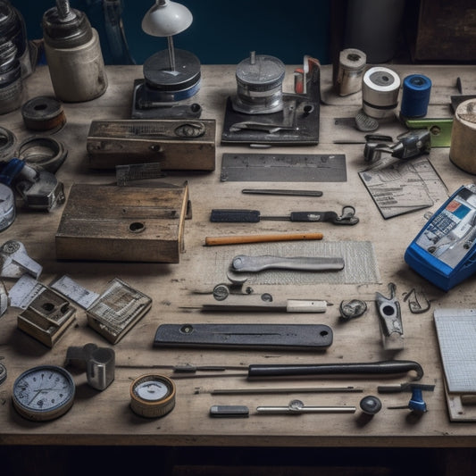 A cluttered workshop table with various measuring tools scattered across it, including a tape measure, level, stud finder, and caliper, surrounded by renovation plans and scattered screws.