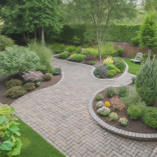 An aerial view of a small, inviting backyard with three distinct paving sections, each featuring a different material: rustic brick, sleek gray concrete, and weathered stone pavers, surrounded by lush greenery.