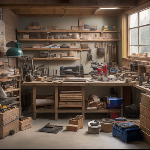 A cluttered but organized workspace with a variety of renovation tools and equipment, including a circular saw, drill press, and level, surrounded by stacks of lumber and bags of drywall compound.