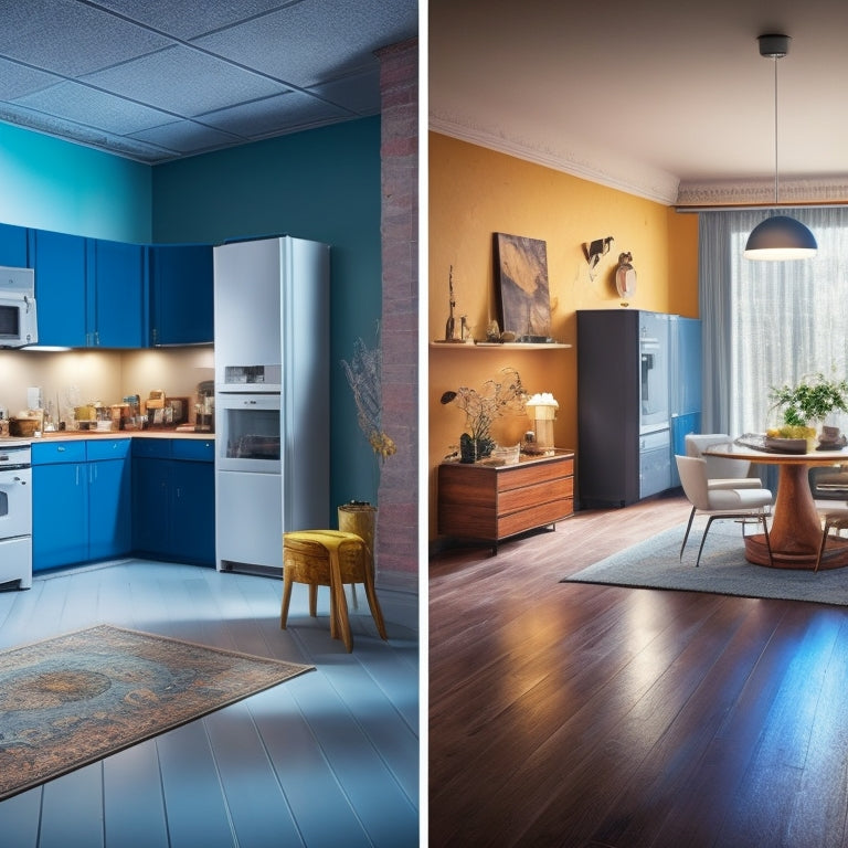 A split-screen image: a cluttered, dimly lit room with torn wallpaper and broken furniture on the left, transformed into a bright, modern space with sleek appliances and polished floors on the right.