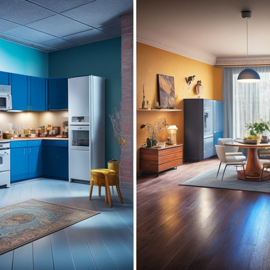 A split-screen image: a cluttered, dimly lit room with torn wallpaper and broken furniture on the left, transformed into a bright, modern space with sleek appliances and polished floors on the right.