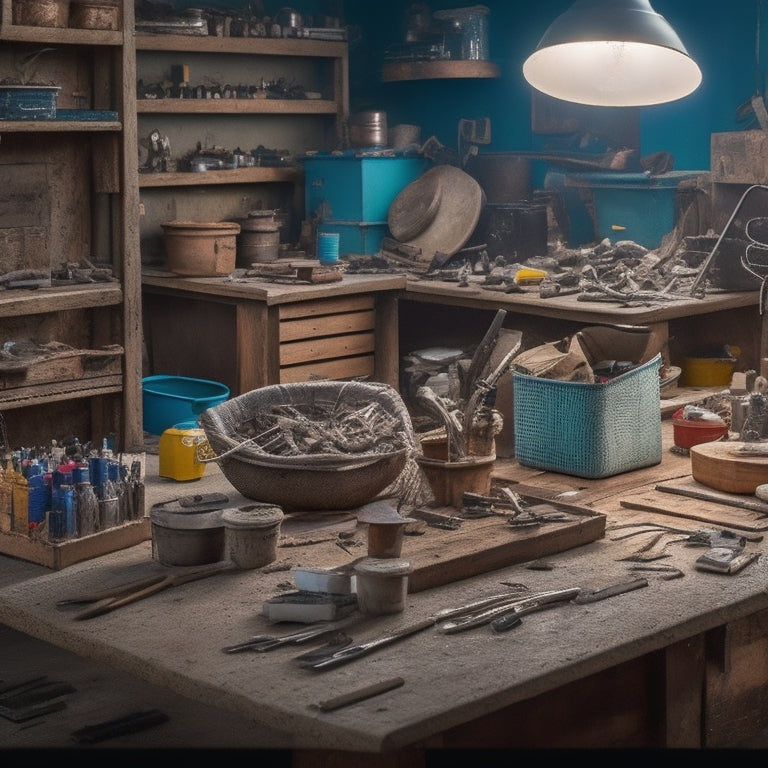 A cluttered workshop table with scattered joint filling tools, surrounded by half-finished renovation projects, gradually giving way to a tidy, organized space with labeled containers and hooks holding each tool in place.