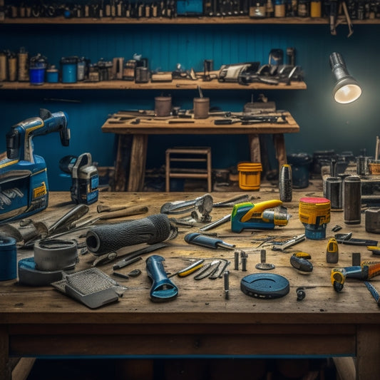 A cluttered workshop table with various DIY tool kits, including a cordless drill set, a socket set, and a precision screwdriver set, surrounded by scattered screws, nails, and half-finished renovation projects.