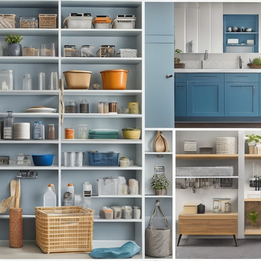 Image prompt: A modern, sleek, and well-organized home renovation workshop with various waterproofing products and tools from top brands, such as membranes, sealants, and drainage systems, on shelves and tables.