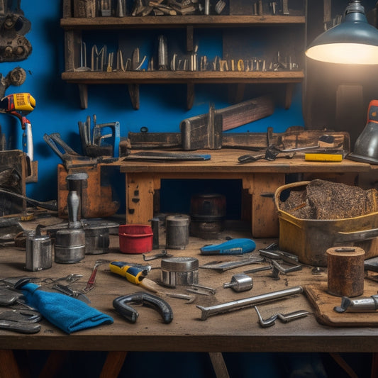 A cluttered workbench with a variety of tools, including a cordless drill, tape measure, level, and pliers, surrounded by scattered screws, nails, and wrenches, with a partially disassembled hammer in the center.
