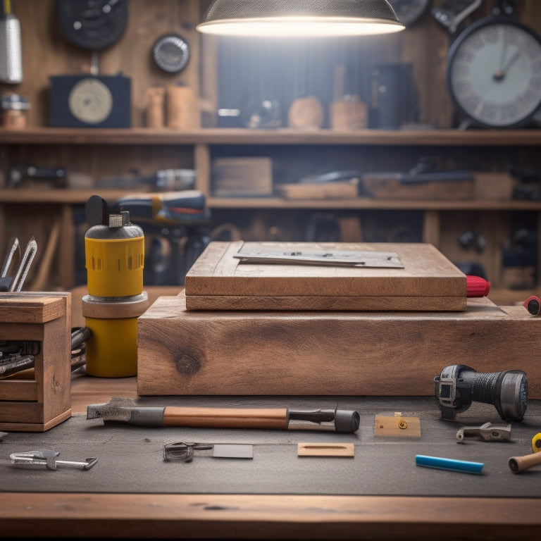 A tidy, well-lit workshop background with a variety of measuring tools organized on a wooden workbench, including a tape measure, level, stud finder, and combination square, with a subtle hint of renovation chaos in the blurred background.
