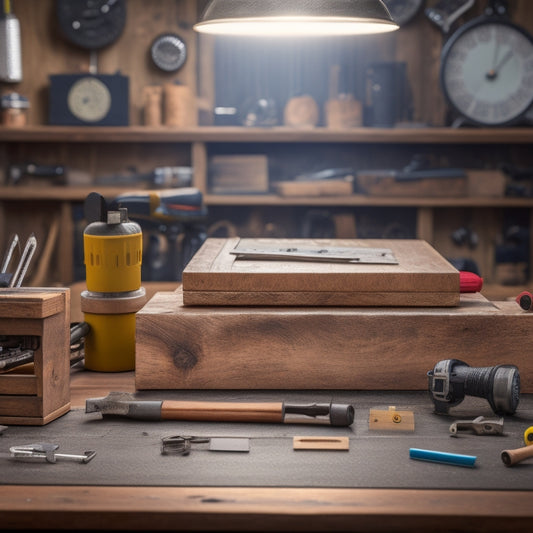 A tidy, well-lit workshop background with a variety of measuring tools organized on a wooden workbench, including a tape measure, level, stud finder, and combination square, with a subtle hint of renovation chaos in the blurred background.