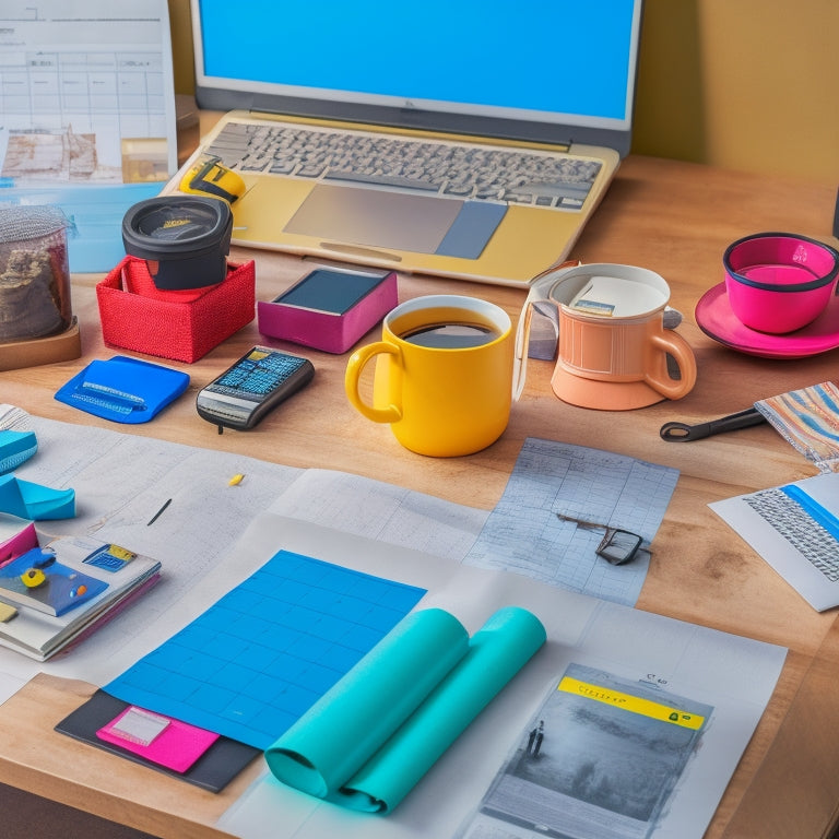 A clutter-free desk with a rolled-out blueprint, a cup of coffee, and a laptop open to a calendar app, surrounded by color-coded sticky notes and a few scattered renovation tools like a tape measure and level.