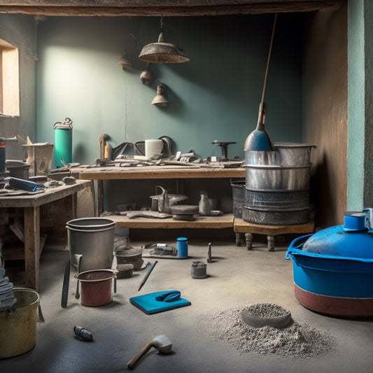 A cluttered workshop with a cement floor renovation in progress: scattered tools, a mixing bucket, a trowel, a level, a grinder, and a spirit level, surrounded by renovation materials and dust.