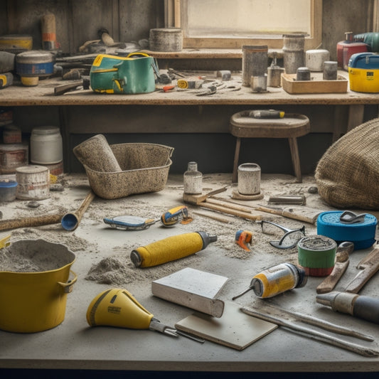 A cluttered workshop table with a variety of concrete renovation tools, including a cordless drill, mixing bucket, trowel, safety goggles, and a level, surrounded by scattered concrete mix and renovation plans.