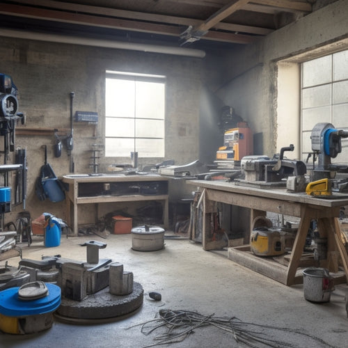 A cluttered workshop with concrete blocks, power tools, and renovation equipment scattered around, including a circular saw, drill press, and sandblaster, with a partially renovated concrete floor in the background.