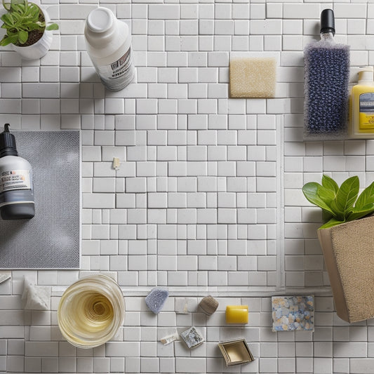 A clutter-free workspace with a grout float, grout sponge, and grout sealer bottles arranged neatly on a tile surface, surrounded by scattered tile fragments and a faint grid pattern in the background.