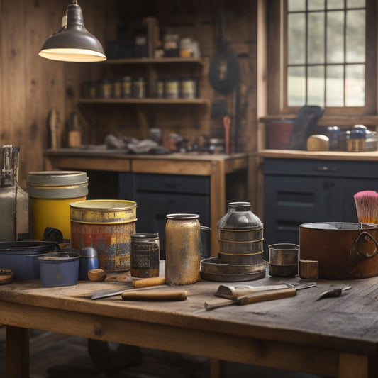 A warm, well-lit, modern workshop with various polyurethane cans and brushes on a wooden workbench, surrounded by renovation tools and a partially sanded wooden floor in the background.