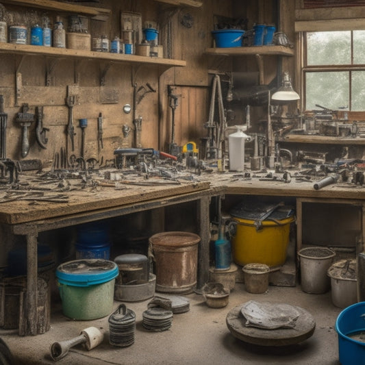A cluttered workshop with various renovation tools and materials scattered around, featuring a prominent display of caulk guns, spackling compound, joint compound, and epoxy resin.