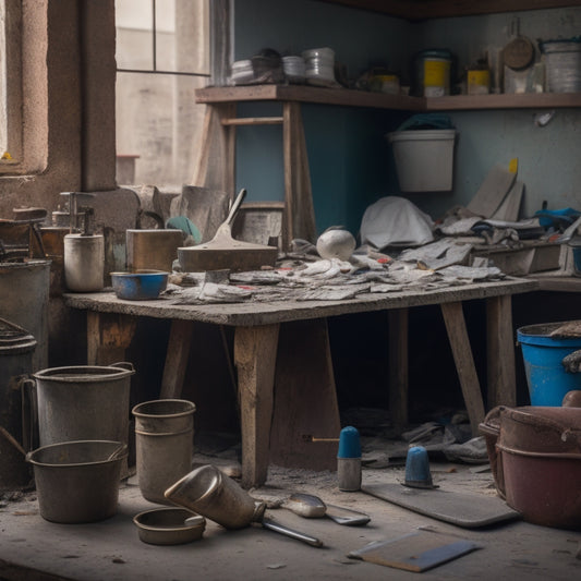 A cluttered workbench with various trowels of different materials, sizes, and shapes, surrounded by scattered plastering tools, buckets of mixed plaster, and a partially plastered wall in the background.