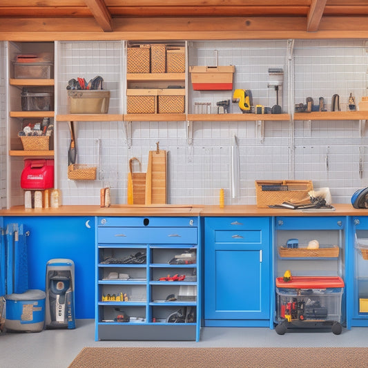 A clutter-free garage with neatly organized toolboxes, hooks, and bins, featuring a pegboard with hanging power tools, a workbench with built-in storage, and a labeled cabinet with open drawers.