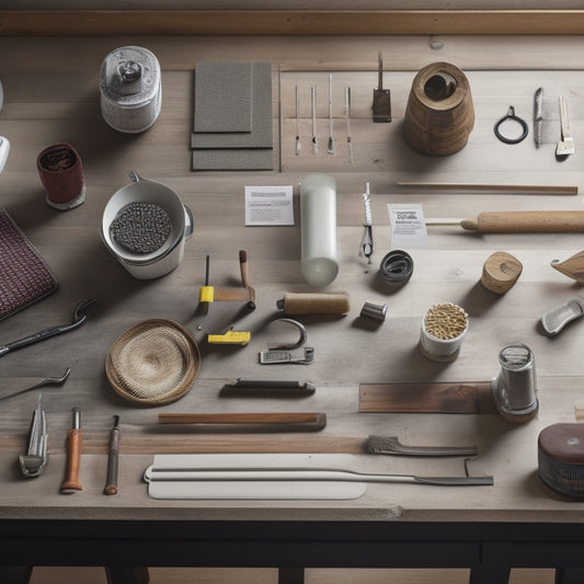 An organized workspace with a variety of tools laid out on a clean, white surface: drills, sanders, trowels, and buckets, alongside sealed floor samples and a measuring tape, surrounded by a subtle woodgrain background.