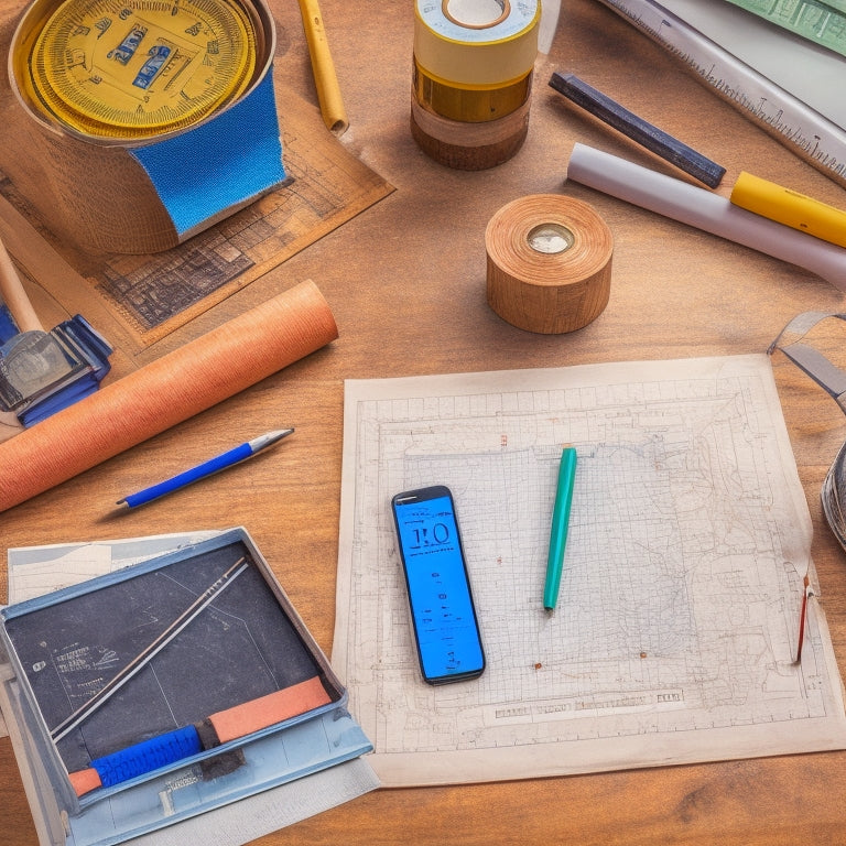 A cluttered home renovation workspace with a smartphone displaying a measurement conversion app, surrounded by scattered blueprints, pencils, and a tape measure coiled around a worn wooden ruler.