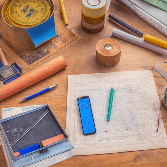 A cluttered home renovation workspace with a smartphone displaying a measurement conversion app, surrounded by scattered blueprints, pencils, and a tape measure coiled around a worn wooden ruler.