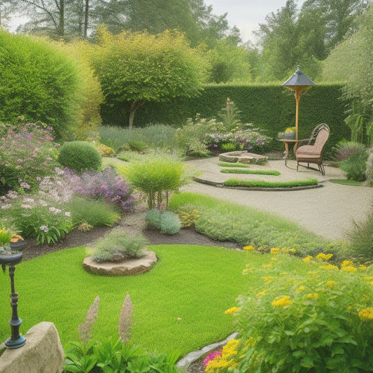 A serene backyard scene with a refurbished garden, featuring a lush green lawn, vibrant flowers, and a meandering stone path, surrounded by a mix of modern and vintage gardening tools.