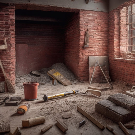 A messy renovation site with scattered bricks, mortar, and dust, featuring a prominent brick block in the center, surrounded by various splitting tools, including a hammer, chisel, and demolition saw.