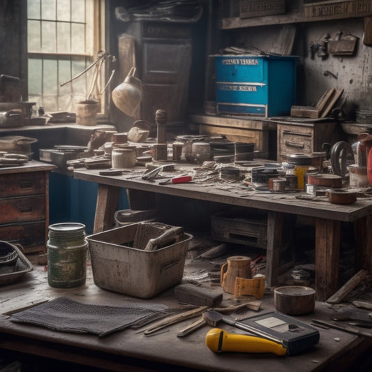 A messy, partially renovated room with scattered tools, paint swatches, and building materials, featuring a prominent toolbox and a calculator on a cluttered workbench.
