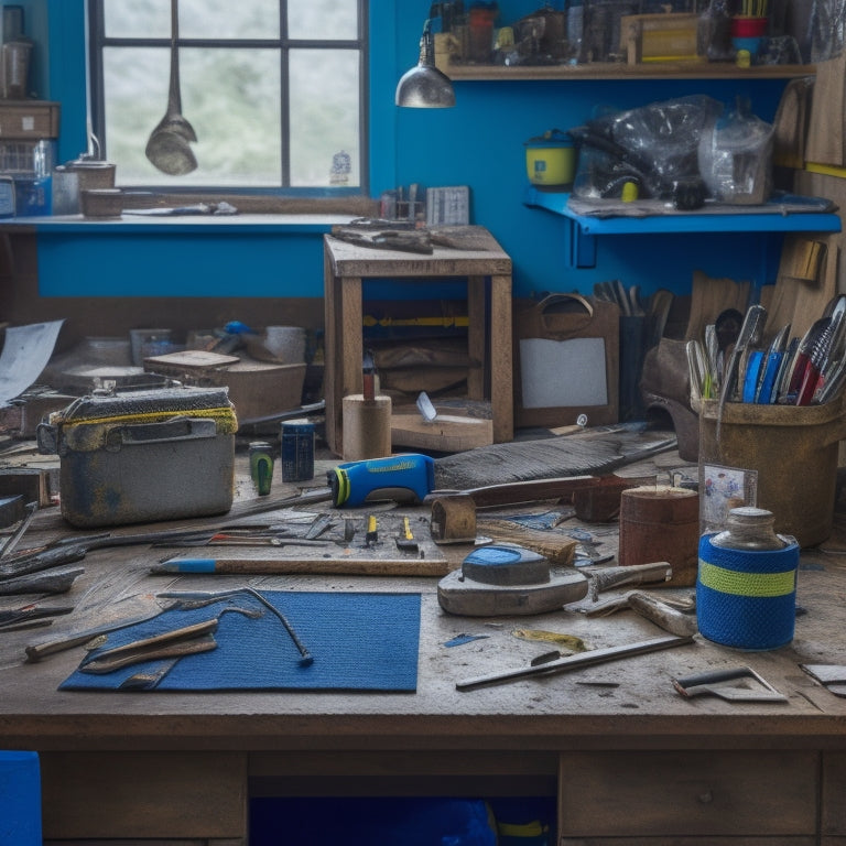 A cluttered workbench with a variety of DIY tools and renovation materials, featuring a prominent spirit level, tape measure, and pencil, surrounded by scattered blueprints and a half-completed renovation project.
