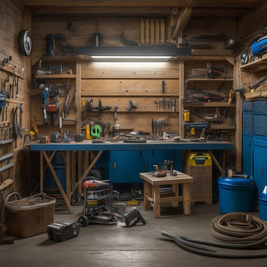 A cluttered garage with scattered tools and workbenches, transitioning to a sleek, organized space with a pegboard, toolbox, and a selection of essential power tools, such as a drill, impact driver, and circular saw.