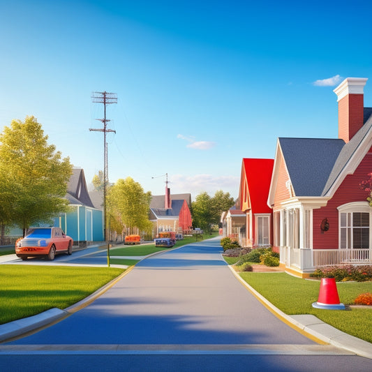 A colorful illustration of a residential street with a large, red, rolled-out blueprint covering the sidewalk, surrounded by excited neighbors and construction cones, amidst a sunny, cloudless sky.