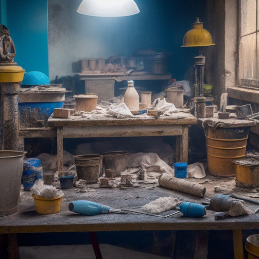 A cluttered workshop table with five distinct plaster mixing drills, each with unique features, surrounded by scattered plaster bags, mixing buckets, and scattered tools, with a blurred background of renovation chaos.
