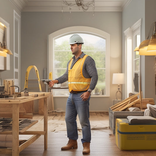 An illustration of a contractor in a hard hat and vest, standing in a renovated living room, surrounded by construction tools and blueprints, with a checklist and pencil in hand.