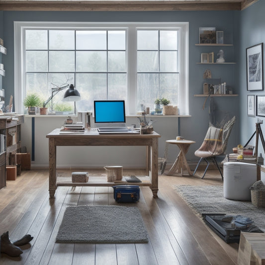 A tidy, well-organized workspace with a homeowner surrounded by renovation tools, blueprints, and a laptop, with a calm and focused expression, amidst a partially renovated living room.