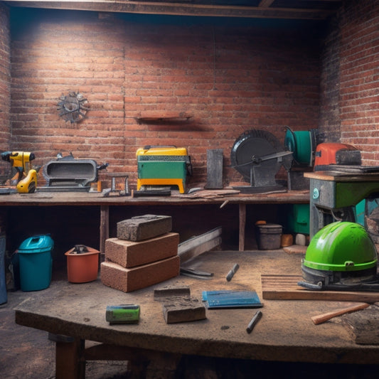 A cluttered workshop with various brick cutting equipment, including a tile saw, masonry saw, and handheld cutter, surrounded by bricks, tiles, and safety gear, with a subtle background of a home renovation site.