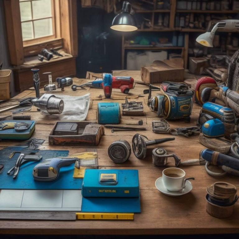 A cluttered but organized workshop table with various toolboxes, a cordless drill, a level, a tape measure, and a few scattered renovation plans, surrounded by DIY books and a cup of coffee.
